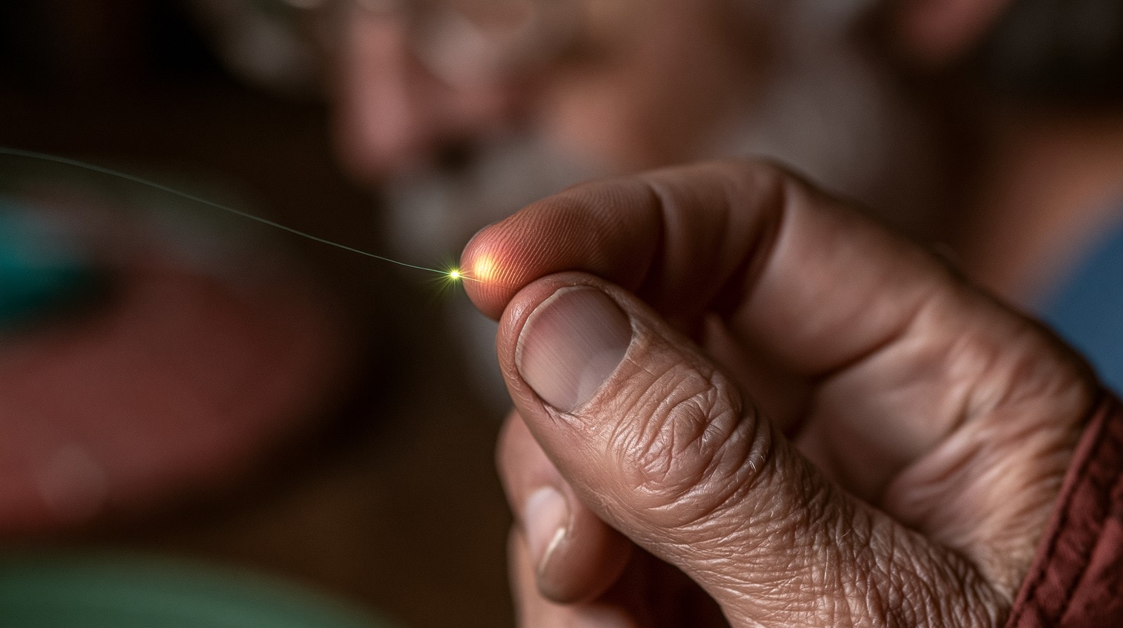 A hand holding a thread of light between finger and thumb