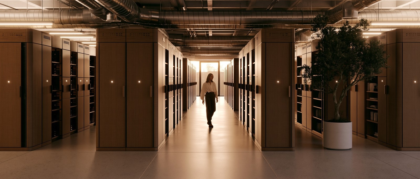 A person walking the aisle of a warm, wood-paneled data hall