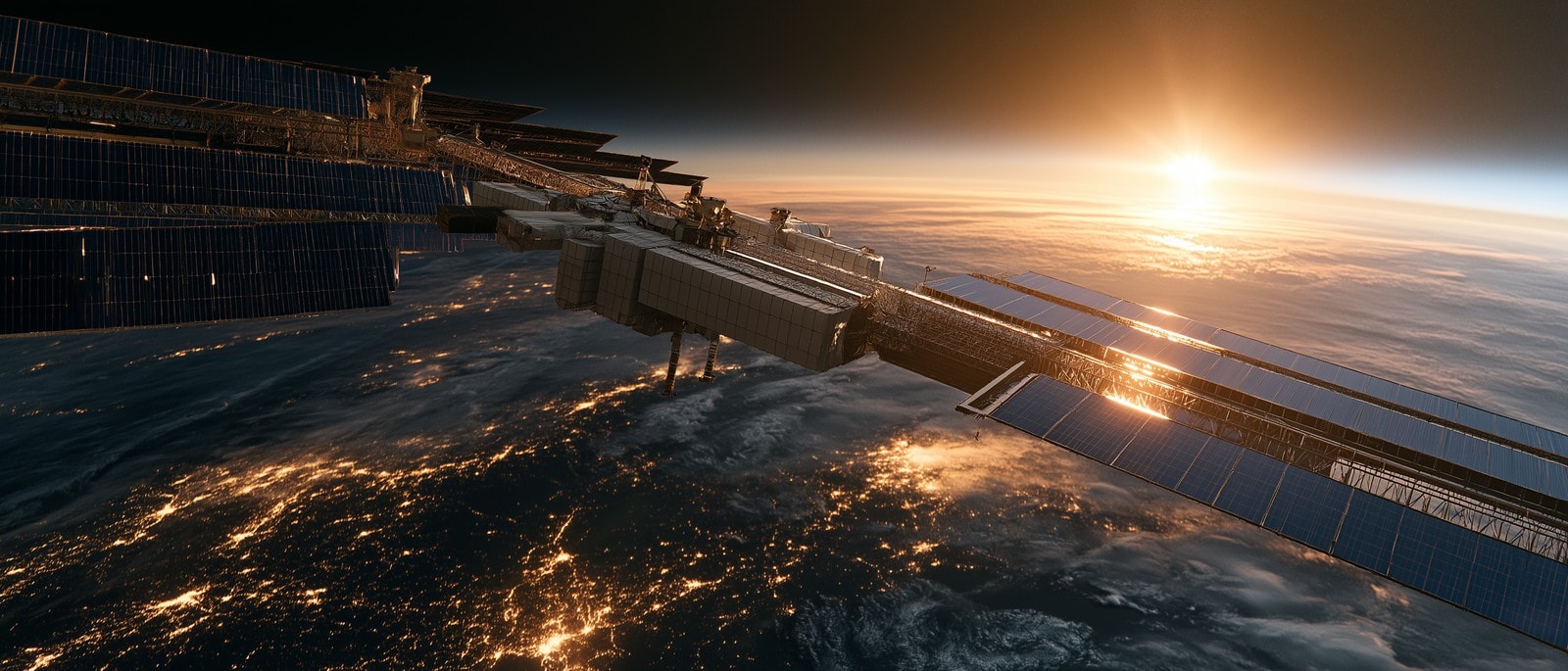 Solar arrays on an orbital platform catching sunrise over Earth